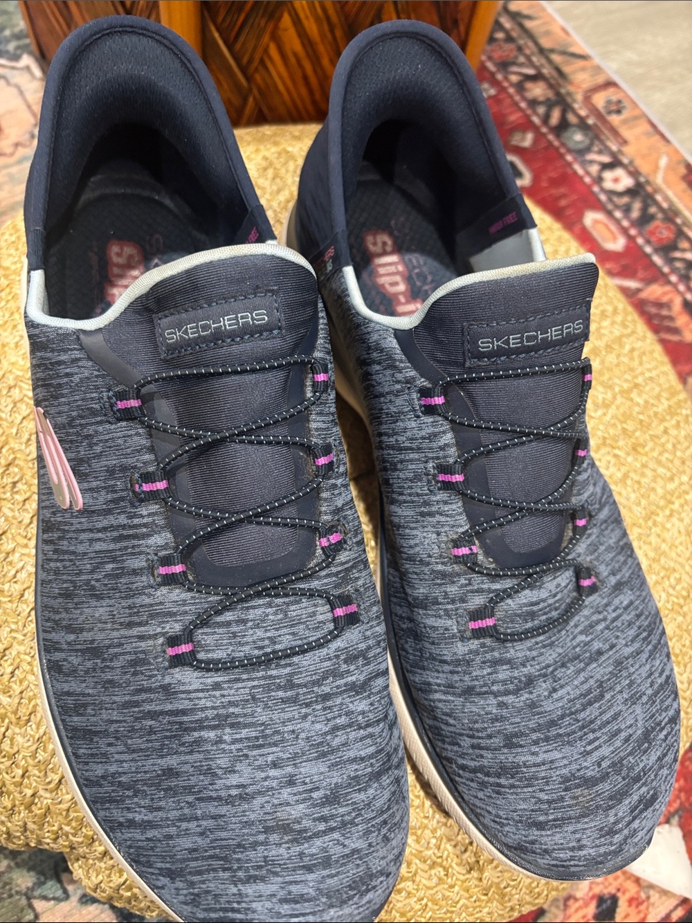 Skechers Women's Gray Knit Slip-On Sneakers with Pink Accents